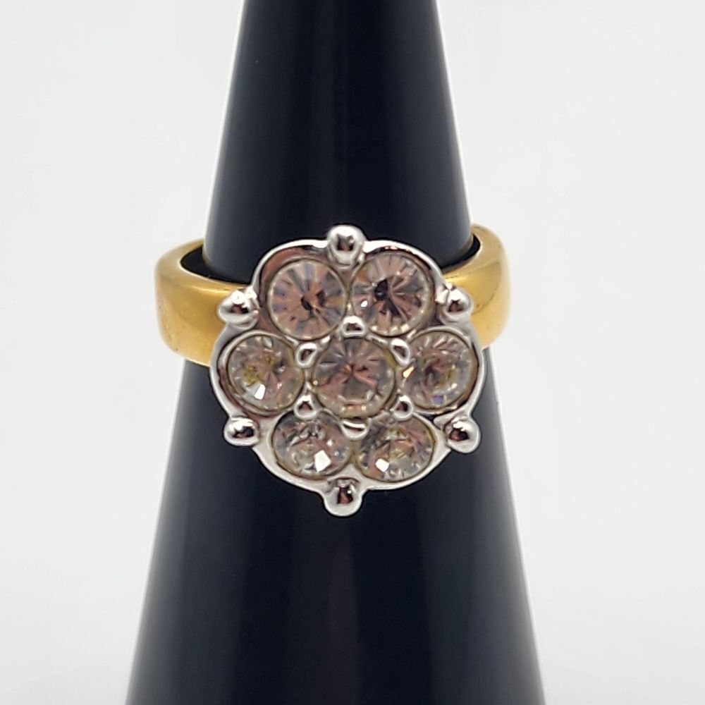 Gold Tone Ring with Silver Tone Rhinestone Flower Design (6)
